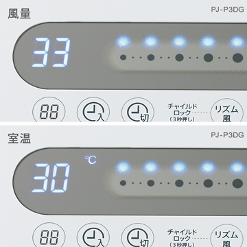 風量と室温（目安）は見やすいデジタル表示